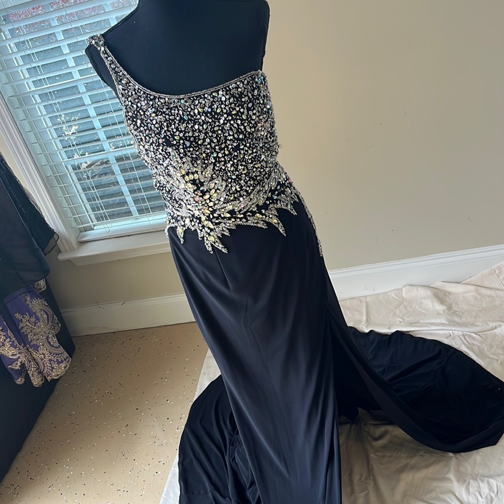 Black formal gown with embroidered sequence